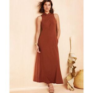 Garnet Hill Women's Mock-Neck Knit Maxi Dress Rust Orange Brown Large Minimalist